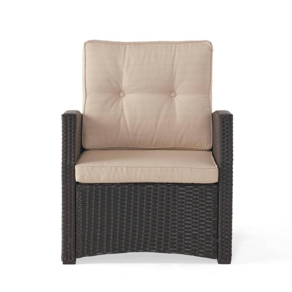 Noble House Luton Dark Brown Wicker Outdoor Lounge Chair with Beige Cushion