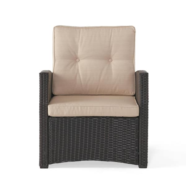 Noble House Luton Dark Brown Wicker Outdoor Patio Lounge Chair with Beige Cushion