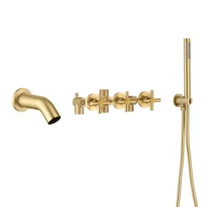 Contemporary Triple Handle Wall Mount Roman Tub Faucet with Hand Shower in Brushed Gold