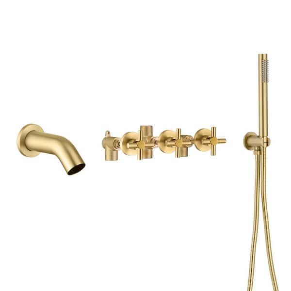 SUMERAIN Contemporary Triple Handle Wall Mount Roman Tub Faucet with Hand Shower in Brushed Gold