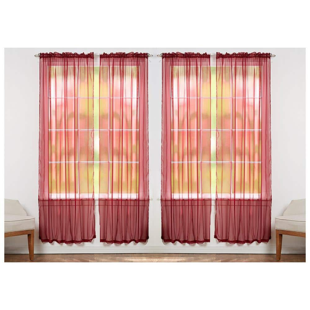 Solid Burgundy 55 in. W x 84 in. L Rod Pocket Sheer Window Curtain Panel (Set of 4) -  J&V TEXTILES, 4-LINDA BURGUNDY