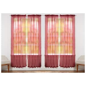 Solid Burgundy 55 in. W x 84 in. L Rod Pocket Sheer Window Curtain Panel (Set of 4)
