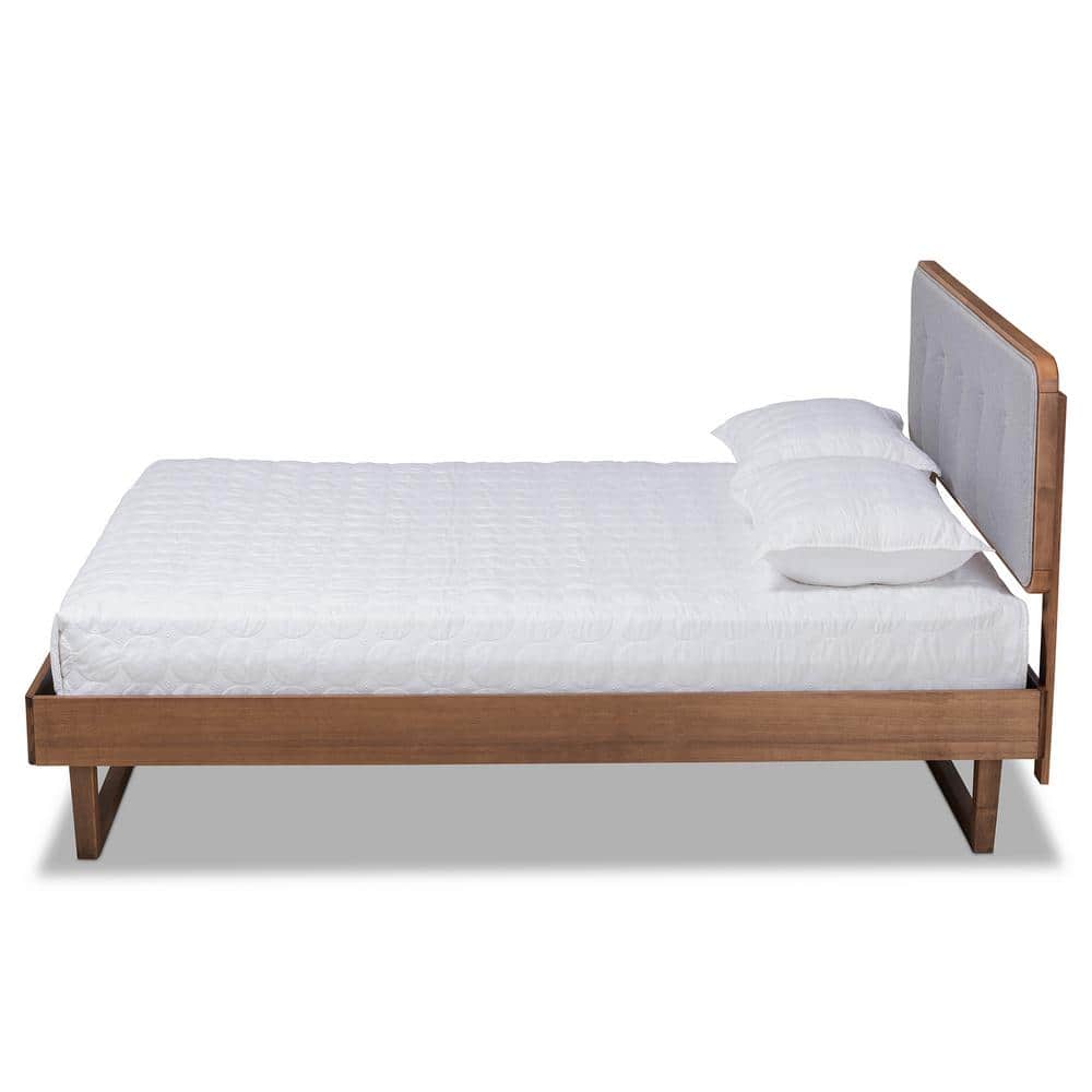 King Light Gray and Walnut Upholstered Platform Bed with Tufted Headboard