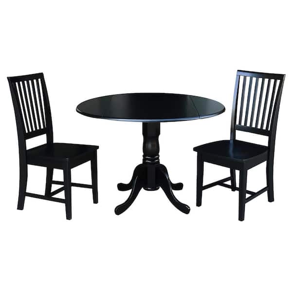 International Concepts Brynwood 3-Piece 42 in. Black Round Drop-Leaf Wood Dining Set with Mission Chairs