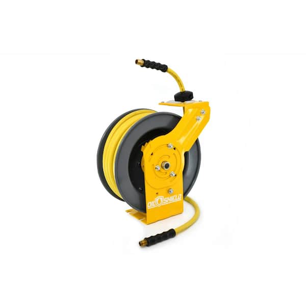 OILSHIELD 3/8 in x 50 ft Rubber Air Hose and Single Arm Steel Hose Reel with Swivel Mount Base, Coupler and  Socket Wrench