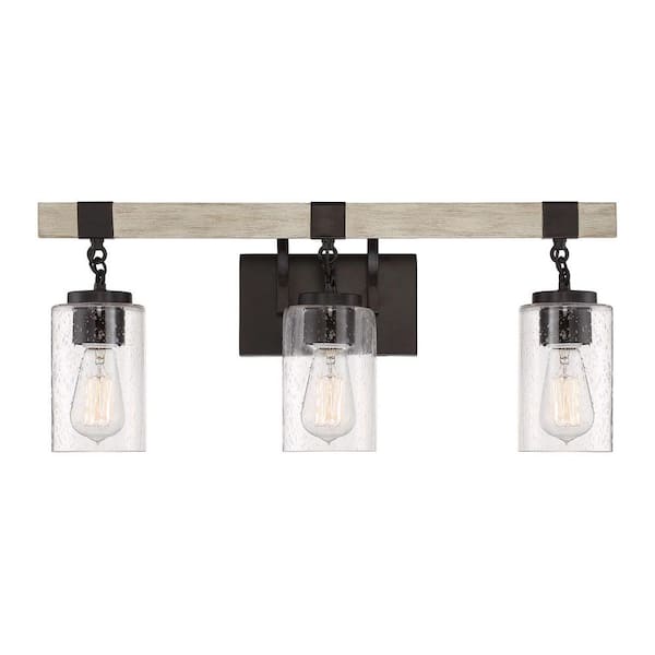 Cordelia Lighting 24.5 in. 3-Light Bronze Rustic Vanity Light with Clear Seedy Glass Shades