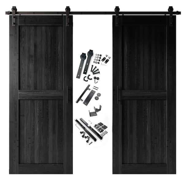 36 in. x 96 in. H-Frame Black Double Pine Wood Interior Sliding Barn Door with Hardware Kit, Non-Bypass