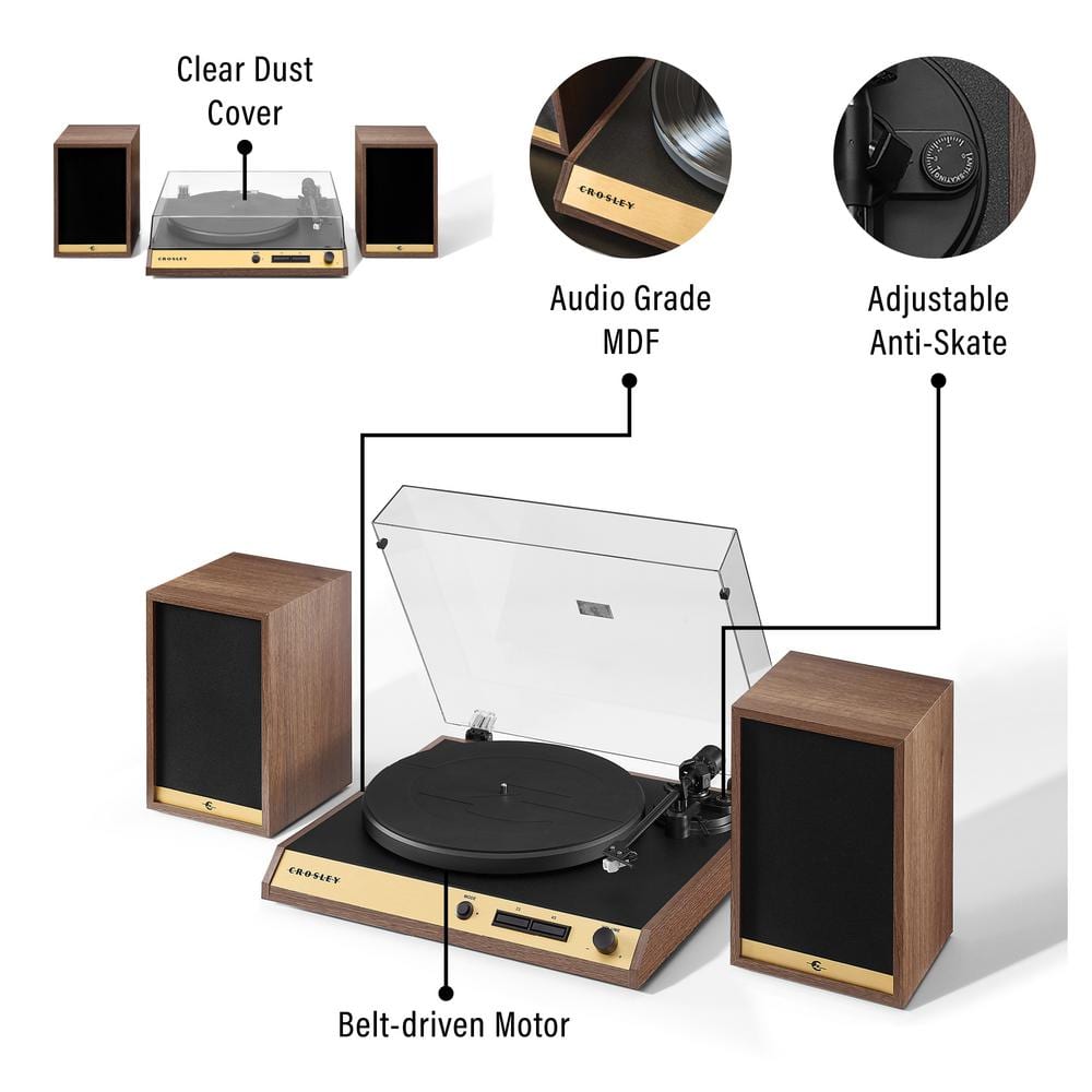 Walnut 2-Speed Belt-Drive Turntable with 120W Speakers