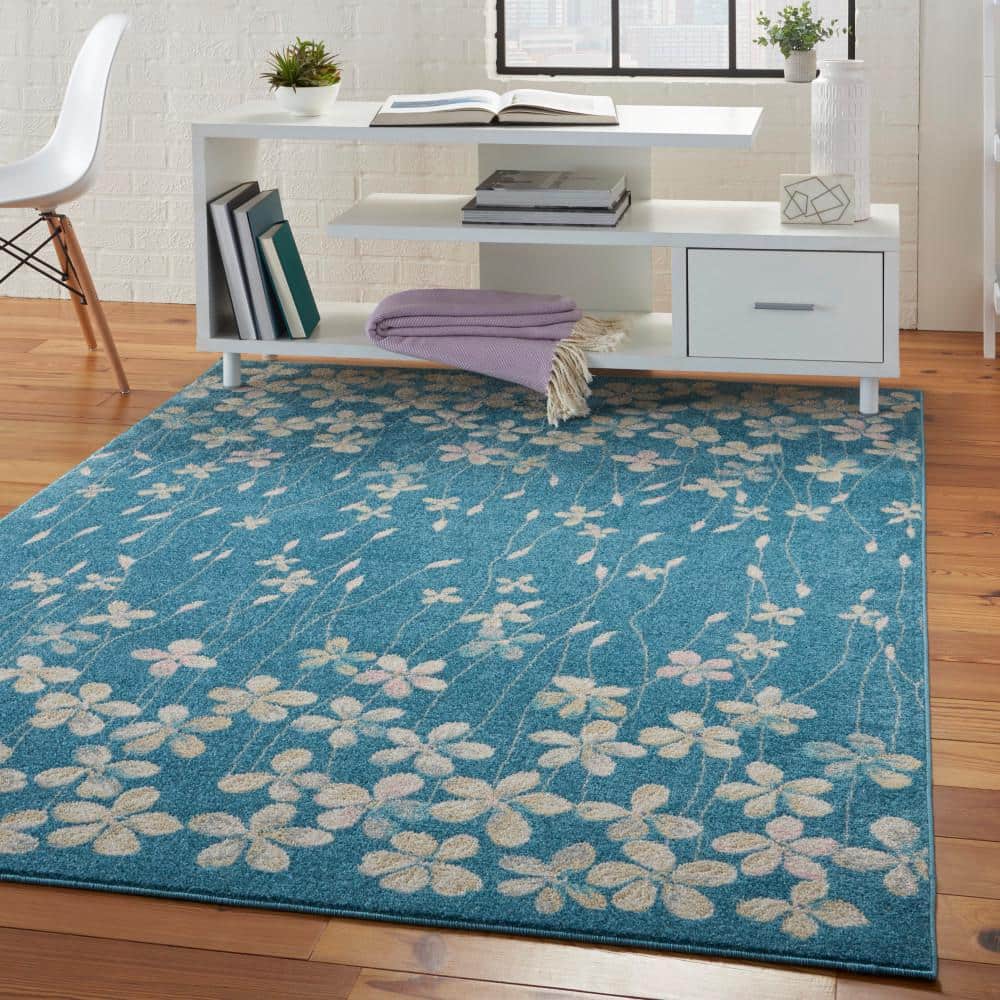 Tranquil Turquoise Floral Viscose 5'3" x 7'3" Area Rug