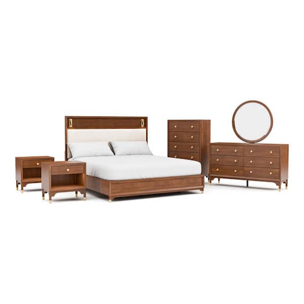 Forma 6-Piece Mid Century Walnut Wood Queen Platform Bedroom Set with Reading Lights