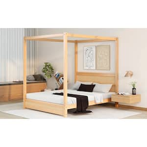 Brown Wood Frame Queen Size Canopy Platform Bed with Headboard and Support Legs