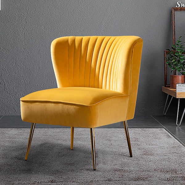 JAYDEN CREATION Monica Modern Mustard Velvet Comfy Living Room Side Chair with Golden Metal Legs