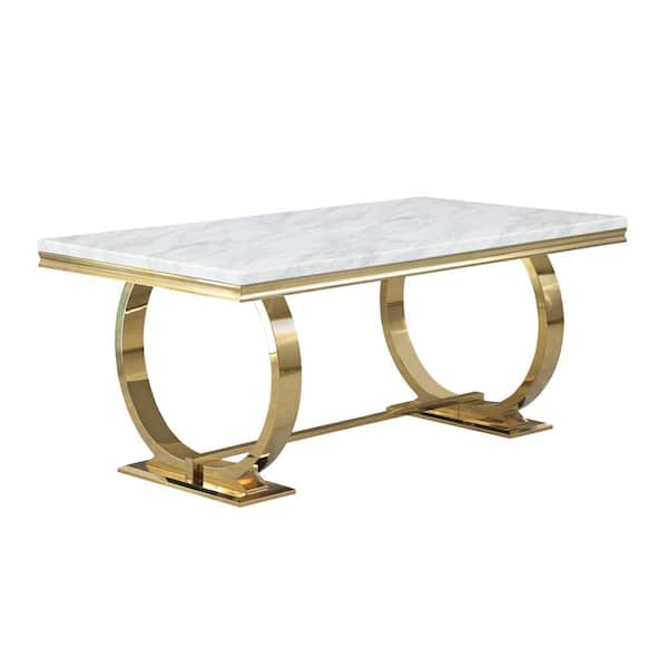 Best Master Furniture Lexington 70 in. L Rectangle White Faux Marble Dining Table in Gold (Seats 6)