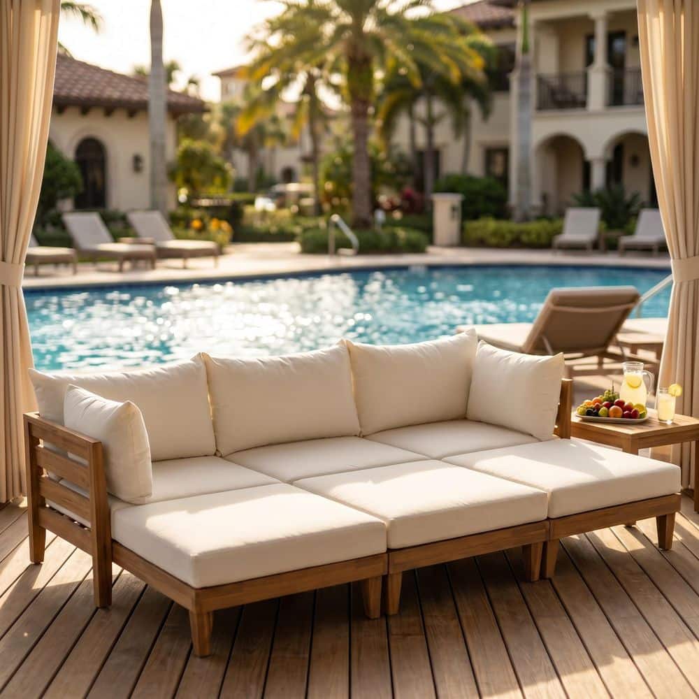 6-Piece Outdoor Patio Daybed Acacia Wood Sofa Set with 2 Corner Sofa, a armless Sofa, 2 Ottoman and 6 Beige Cushions