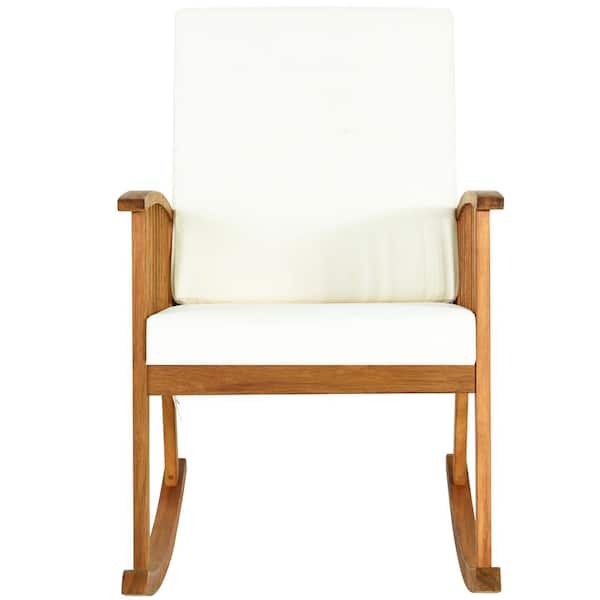 Costway Teak Acacia Wood Outdoor Rocking Chair with Beige Cushion