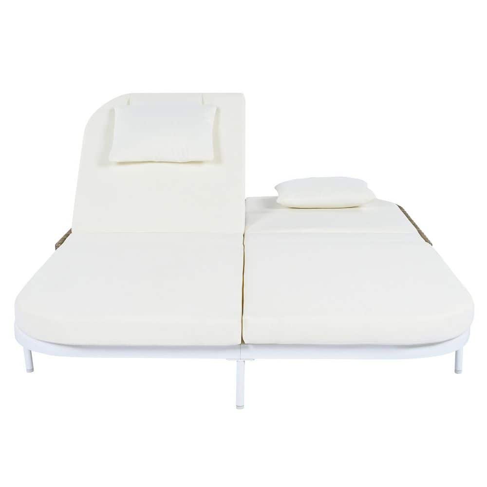 White Metal Patio Outdoor Day Bed with Removable Beige Cushion, 5-Position 