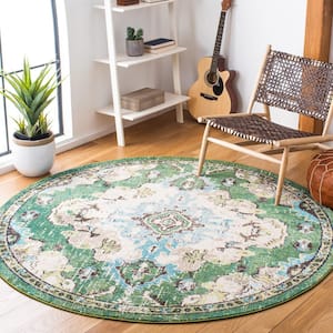 Madison Green/Light Blue 8 ft. x 8 ft. Border Floral Oriental Round Area Rug