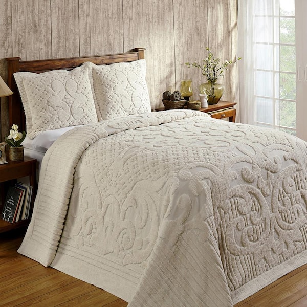 Deluxe 100% Cotton Ivory Taupe Medallion 3 pcs Full Queen King Cal Coverlet set 