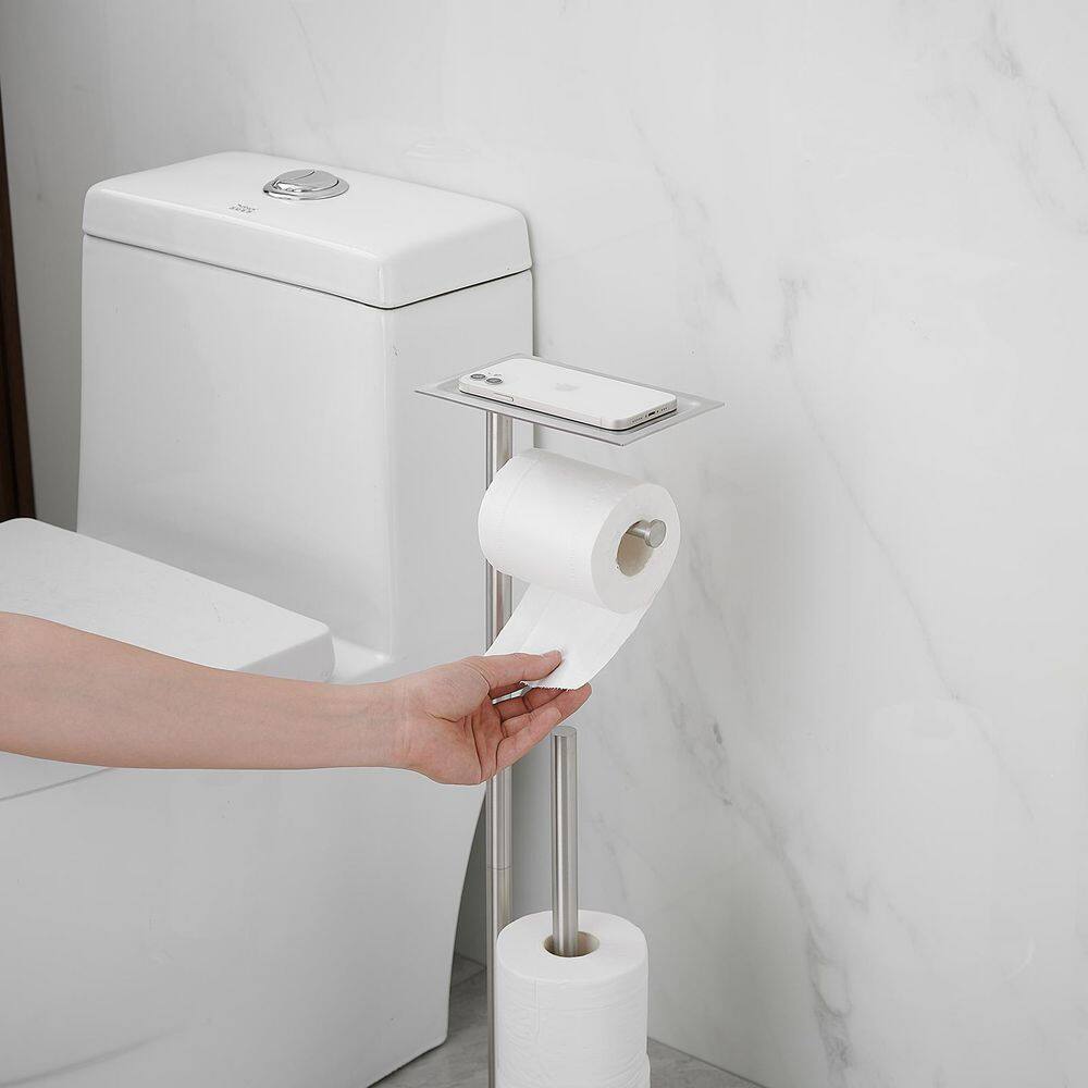 Brushed Nickel Freestanding Toilet Paper Holder with Storage Shelf