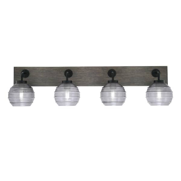 Unbranded Kirby 36.5 in. 4 Light Black and Painted Wood-look Vanity Light with 6 in. Smoke Ribbed Glass Shades No Bulbs Included