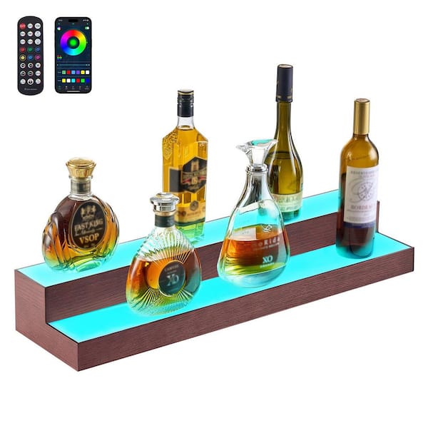 LED Lighted Liquor Bottle Display, 2-Tier 30-In., Support USB, with RF Remote & App Control, 7 Colors(15 Bottles)
