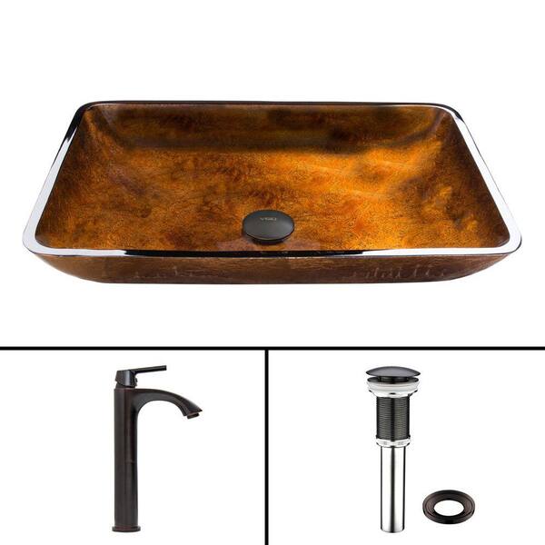 VIGO Glass Vessel Sink in Russet and Linus Faucet Set in Antique Rubbed Bronze