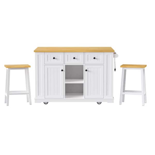 White Rubber Wood Kitchen Cart with Drop Leaf and 2 Bar Stools
