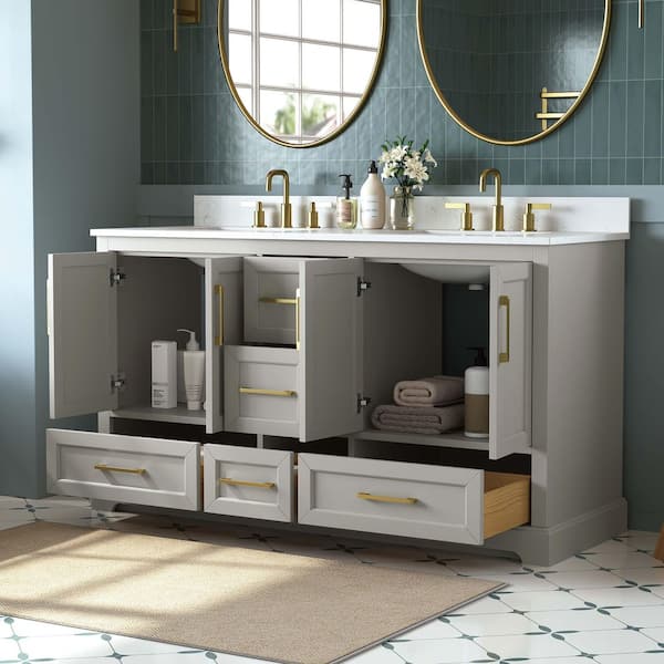Dora 61 in. Double Sink Freestanding Gray Bath Vanity with White Engineered Stone Top and Backsplash Assembled
