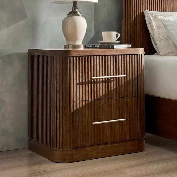 Emiliana Walnut 2-Drawer 26.25 in. W Nightstand with Built-In Integrated Charging Station (Set of 2)