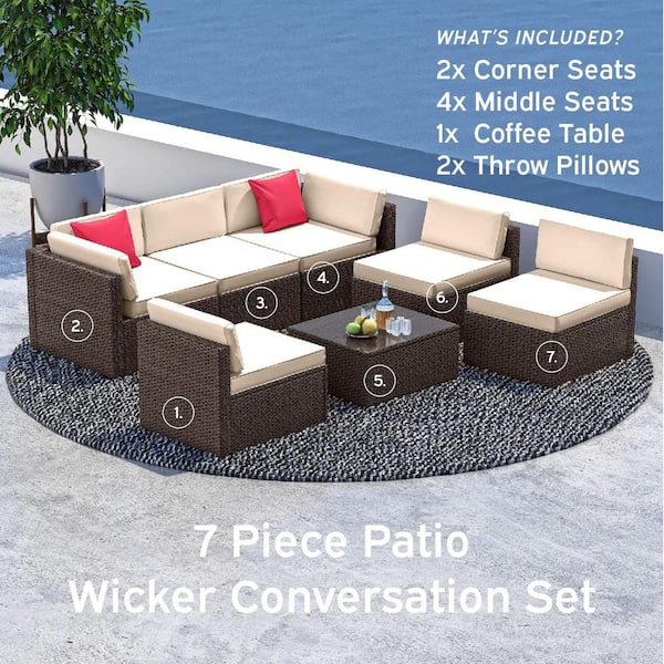 7-Piece Brown Wicker Outdoor Sectional Patio Furniture Corner Sofa Set and Coffee Table with Beige Cushions