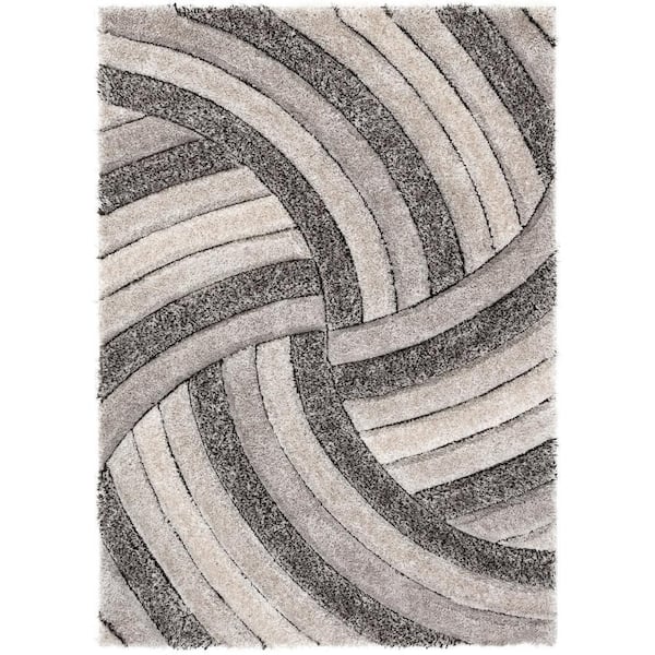 San Francisco Ucci Grey Modern Geometric Stripes 5 ft. 3 in. x 7 ft. 3 in. 3D Carved Shag Area Rug