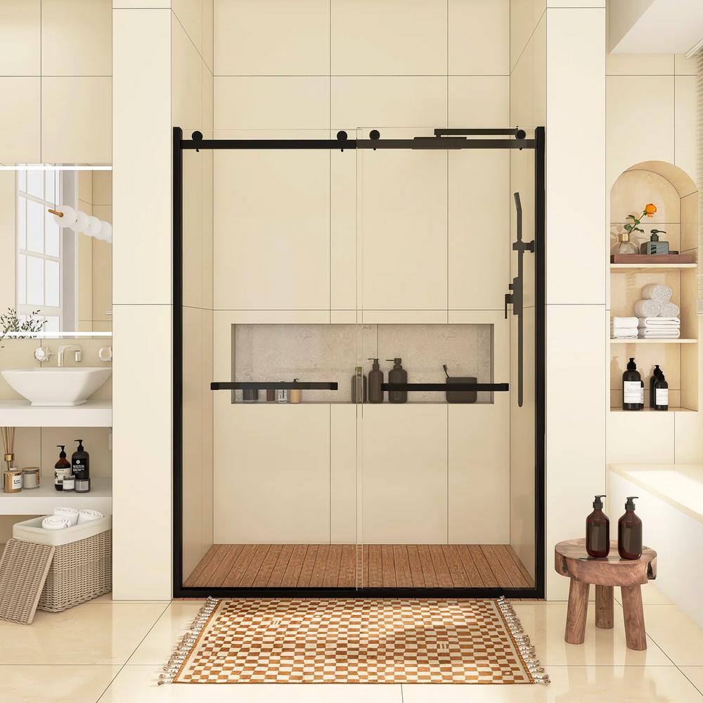 60-Inch Matte Black Frameless Sliding Shower Door with Clear Glass