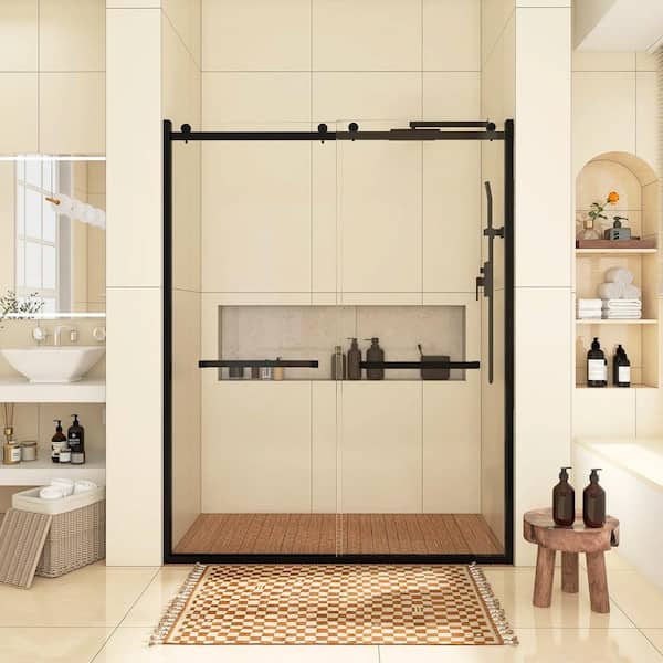 JimsMaison 60 in. W x 76 in. H Double Sliding Frameless Shower Door in Matte Black with Clear Tempered Glass