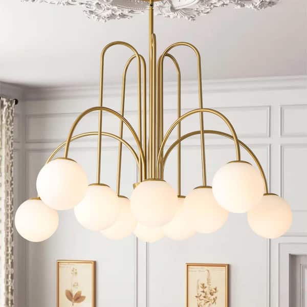 Erik 10-Light Gold Unique Modern Elbow Chandelier with Milky White Glass Shades