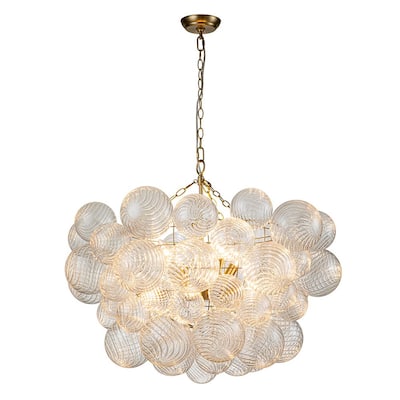 Neuvy 8-Light 33 in. W Brass Chandelier with Swirled-Glass Orb Cluster Bubble Ribbed Glass Chandelier for Living Room