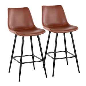 Durango 38.5 in. Cognac Faux Leather and Black Metal High Back Fixed Counter Height Bar Stool (Set of 2)