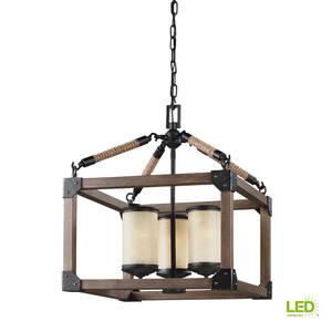 Dunning 3-Light Weathered Gray and Distressed Oak Rustic Farmhouse Single Tier Hanging Chandelier with LED Bulbs