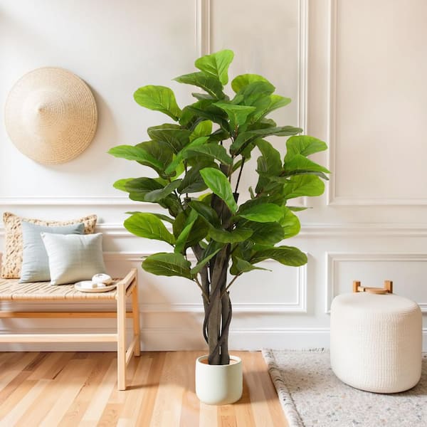 4.25 ft. Artificial Green Fiddle Leaf Fig Tree With Black Pot