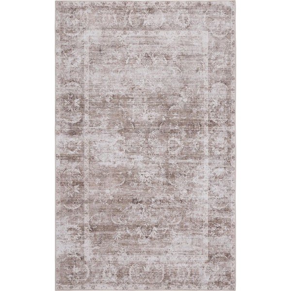 Arabella Vintage Floral Border Machine-Washable Beige/Cream 5 ft. x 8 ft. Area Rug