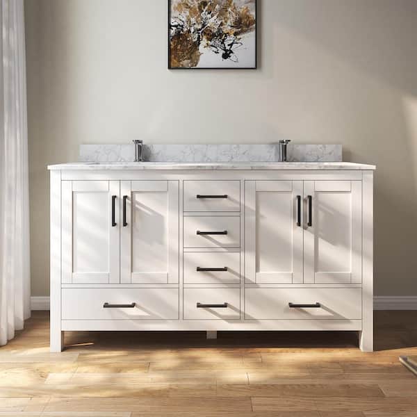60 in. W x 22 in. D x 35 in. H Double Sinks Bath Vanity Cabinet in White with Cultured Marble Top