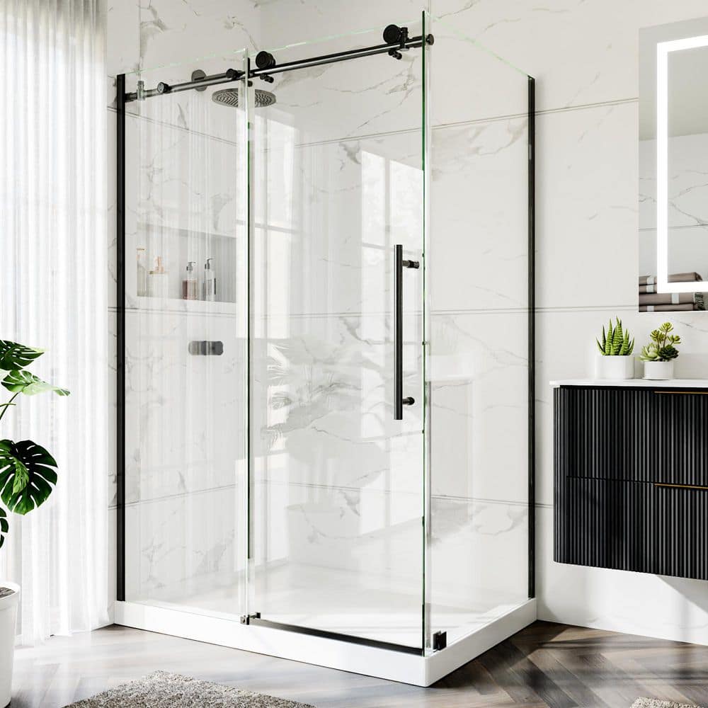 48 in. W x 72 in. H Sliding Frameless Corner Shower Enclosure in Matte Black with 5/16 in. (8mm) Clear Tempered Glass price history on PriceWatchPro