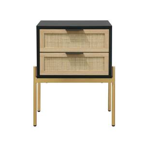 Andrew 19 in. W Black Rattan End or Side Table with Storage Doors and Gold Accents for Bedroom or Living Room