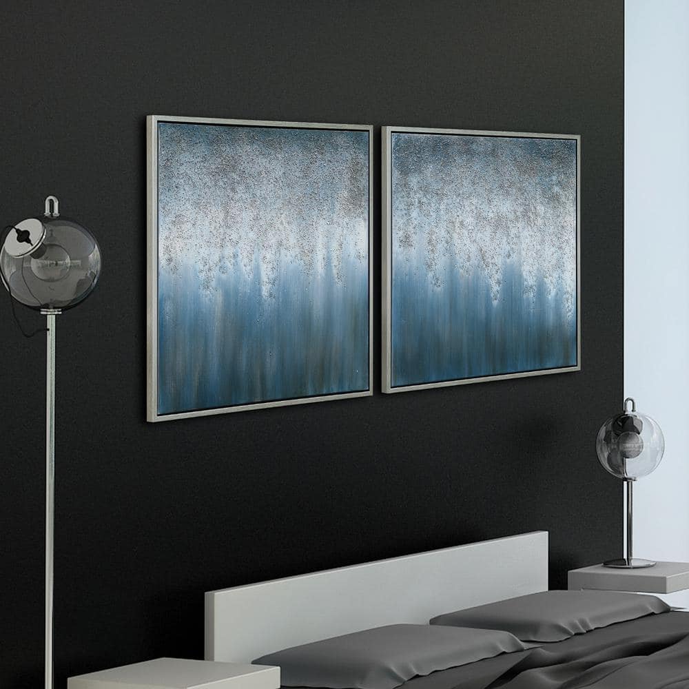 Large Blue and Silver Abstract Canvas Painting with Metallic Accents