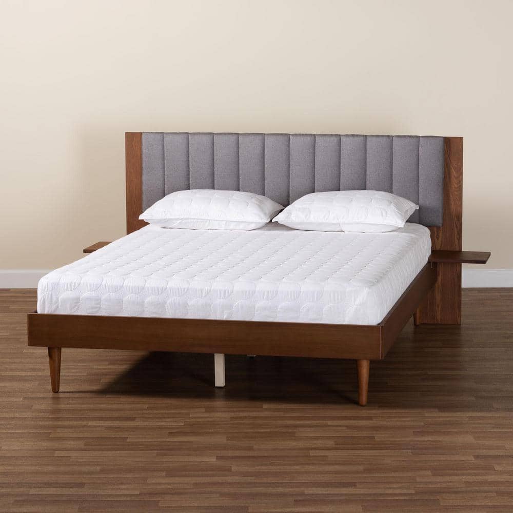 Gray Fabric and Walnut Wood Queen Platform Bed with Tufted Headboard