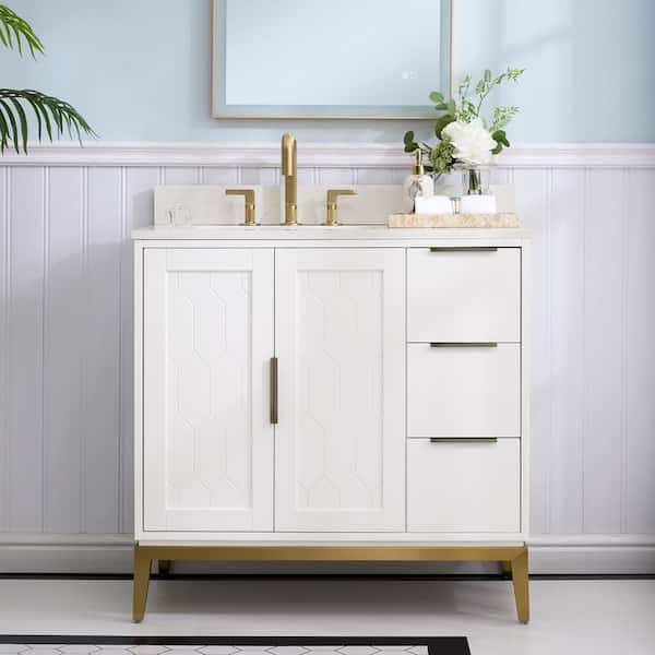 36 in.W Solid Wood Bath Vanity in White with White Quartz Scratch Top, Single Sink Soft-Close Drawer, Assembled