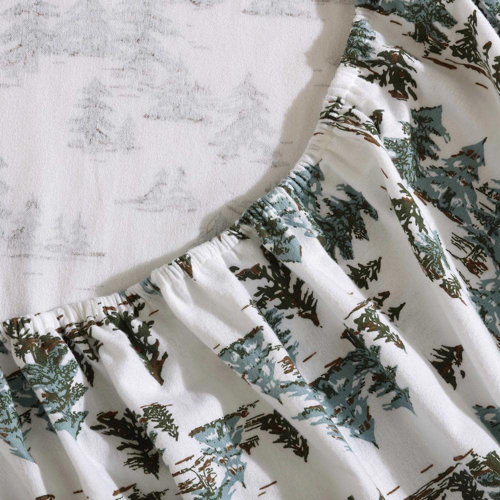 Twin Green Cotton Flannel Sheet Set with Snowy Pine Trees Print