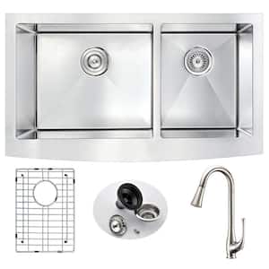 ELYSIAN Farmhouse Stainless Steel 33 in. Double Bowl Kitchen Sink and Faucet Set with Singer Faucet in Brushed Nickel