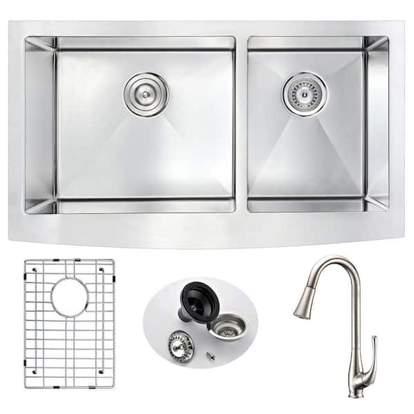 ANZZI ELYSIAN Farmhouse Stainless Steel 33 in. Double Bowl Kitchen Sink and Faucet Set with Singer Faucet in Brushed Nickel