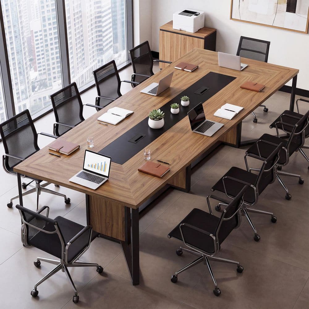 110 in. Rectangle Brown Conference Table, Modern Large Executive Desk Workstation for Office Meeting