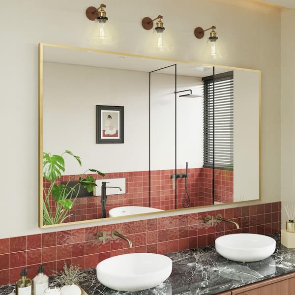 60 in. W x 36 in. H Large Rectangle Aluminum Alloy Framed Wall Mounted Bathroom Vanity Accent Mirror in Brushed Gold